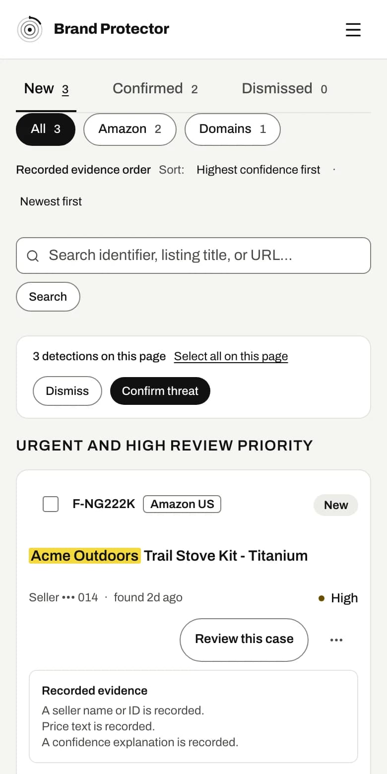 Acme Outdoors mobile Inbox with status tabs and findings awaiting review